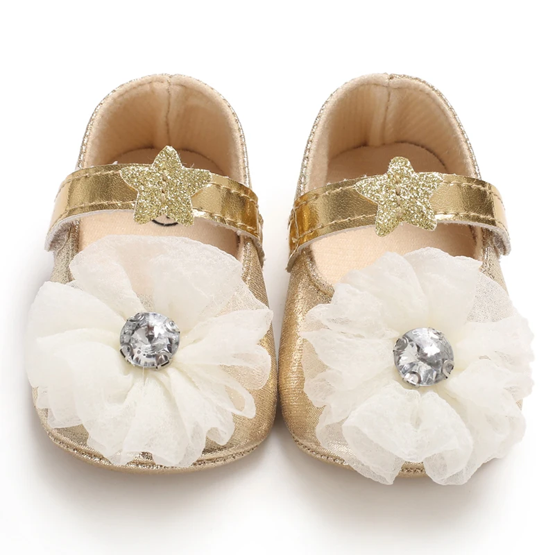 

Newborn Toddler Baby Shoes Girl Crib Shoes Princess Lace Flower Bowknot Shining Gold Infant Rubber Sole First Walkers Moccasins