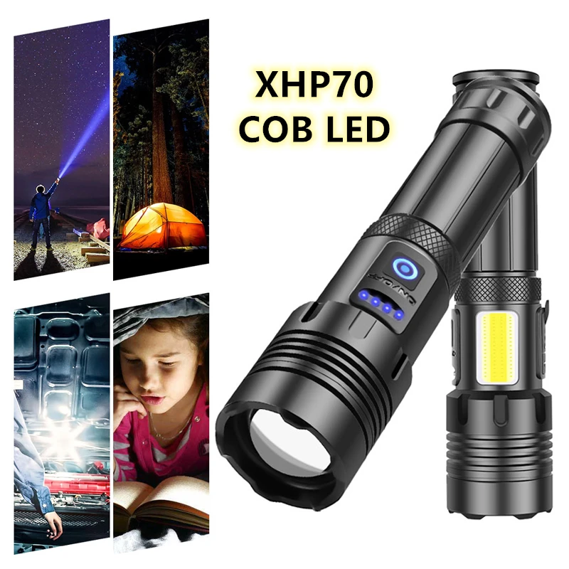 

XHP70 + COB портативная бликовая вспышка телескопический зум USB зарядка уличный IPX4 водонепроницаемый сильный свет аварийное освещение