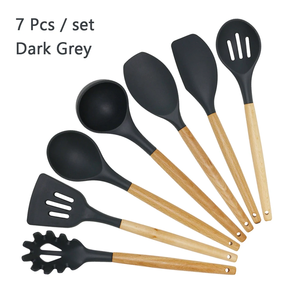 

Best Silicone Cooking Utensil Set Wooden Handle Spatula Soup Spoon Brush Ladle Pasta Colander Non-stick Cookware Kitchen Tools