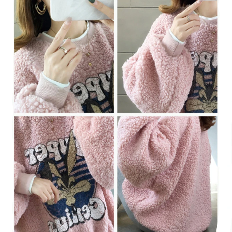 

CN 2021 Sweatshirt Women Autumn Winter New Korean Print Fake Two Patchwork Pullover Loose Fake Lambswool Oversized Sweatshirt