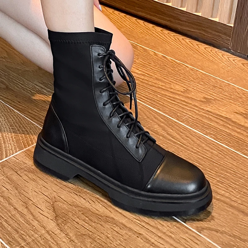 Online Ukuran 34-43 Untuk Wanita Kulit Sapi Atas Sepatu Musim Gugur Dan Musim Dingin Wanita Sepatu Elastis Sepatu Lace-Up Sepatu Boot Pendek Martin Boots
