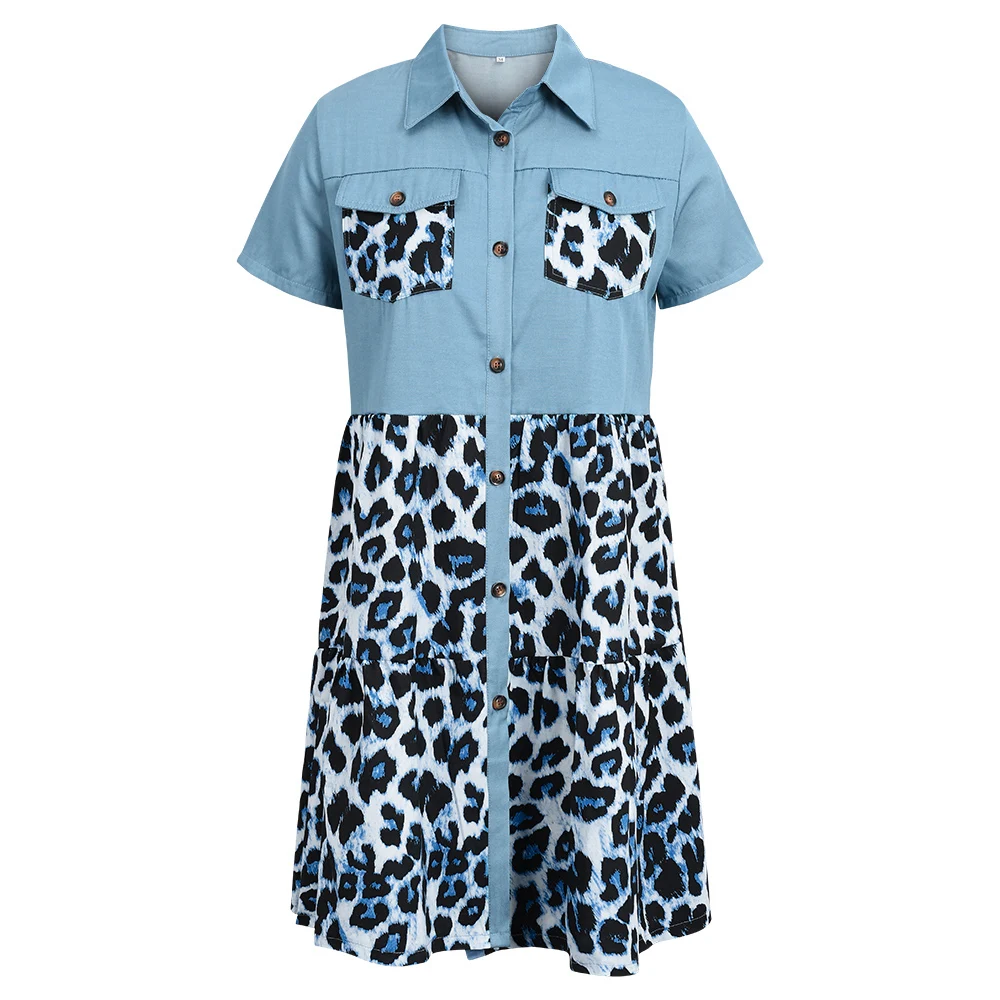 

Fashion Women Plus Size Dress Leopard Patchwork Denim Style Dress Short Sleeve Elegant Turn-down Collar Pockets Party Dress D30