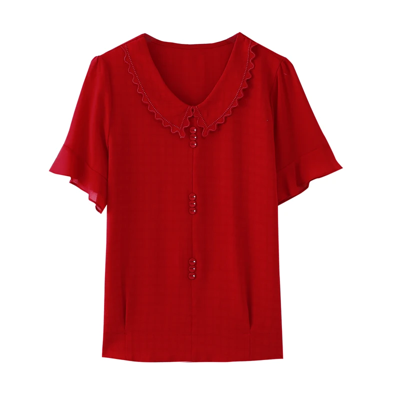 

COIGARSAM Shirt Womens Tops Spring 2021 Short Sleeve Loose Peter Pan Collar Hollow Out Women Shirts