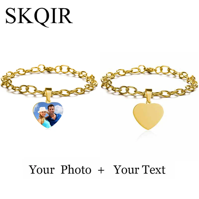 Custom Heart Gold Браслет на заказ с выгравированным именем и датой Pulseira, нержавеющая сталь, персонализированная табличка, фото, браслет для женщин, ID, лучший друг, подарок - Окраска металла: Custom Heart Gold