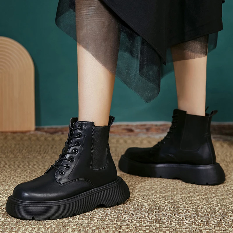

Rimocy Thick Bottom Platform Boots Women 2021 Black Med Heels Lace Up Motorcycle Shoes Woman Autumn Winter Ankle Boots Ladies