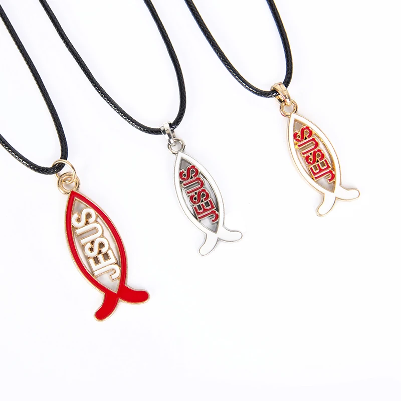 

Новое модное эмалированное ожерелье с подвеской в виде рыбы и Иисуса из сплава ожерелье-чокер очаровательный черный кожаный шнур заводская...