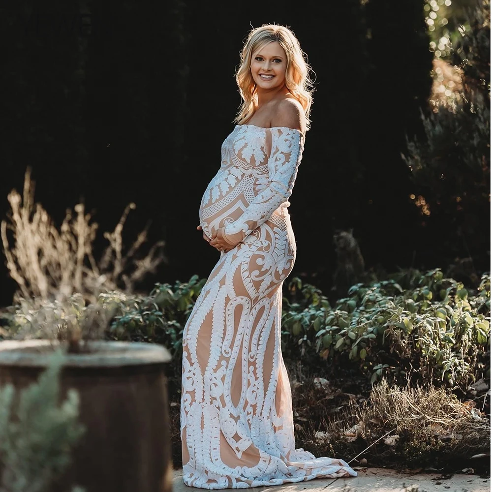 

Lace Maternity Dress Long Sleeves Woman Shoulderless Baby Shower Pregnancy Dresses for Photo Shoot Photography Dress YEWEN 2021