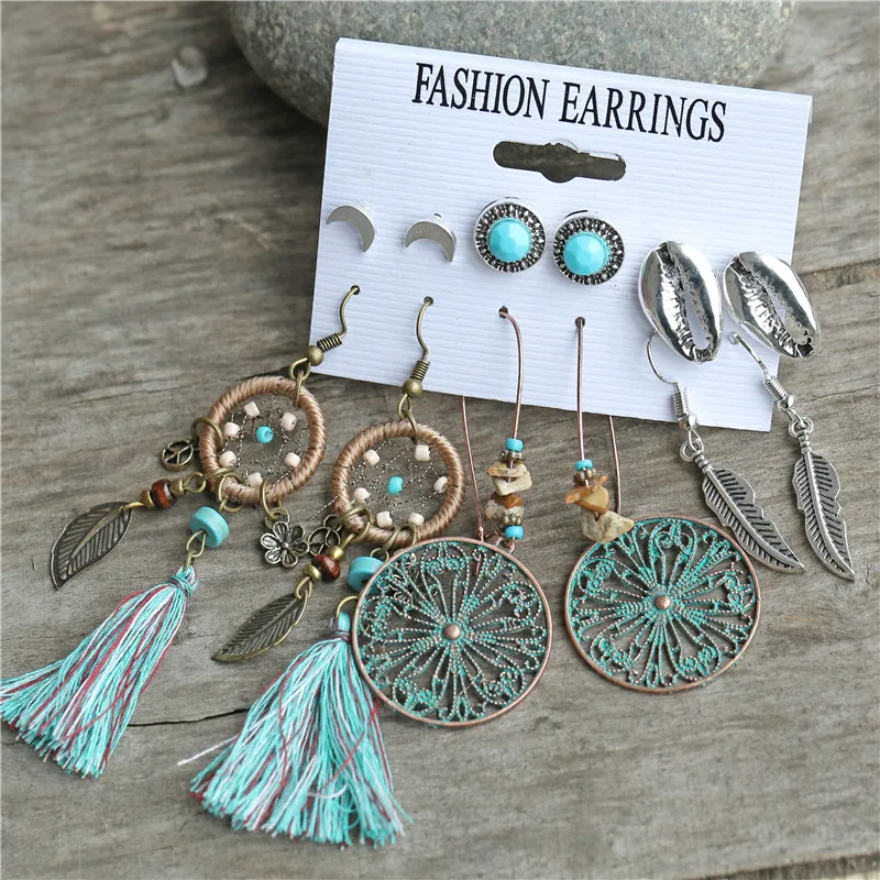 2020 New Ethnic Beads Drop Earrings Set For Women 6Pcs/Set Fearther Acrylic Metal Wood Dangle Earring Vintage Jewelry | Украшения и