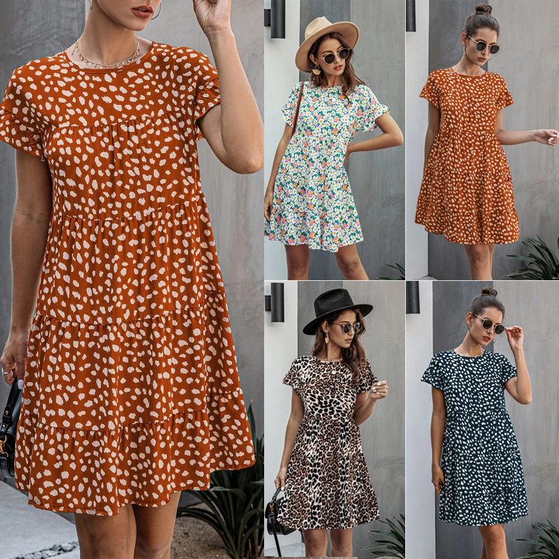 

Женское элегантное платье с цветочным принтом, платье с круглым вырезом и коротким рукавом, богемное платье, винтажное платье, Пляжное Плат...