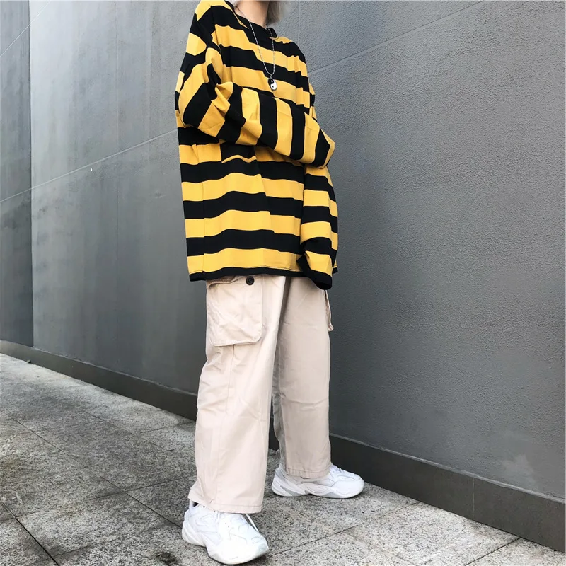 

autumn long sleeve t-shirts female casual oversized harajuku Striped patchwork t-shirt fashion BF hip hop streetwear student top