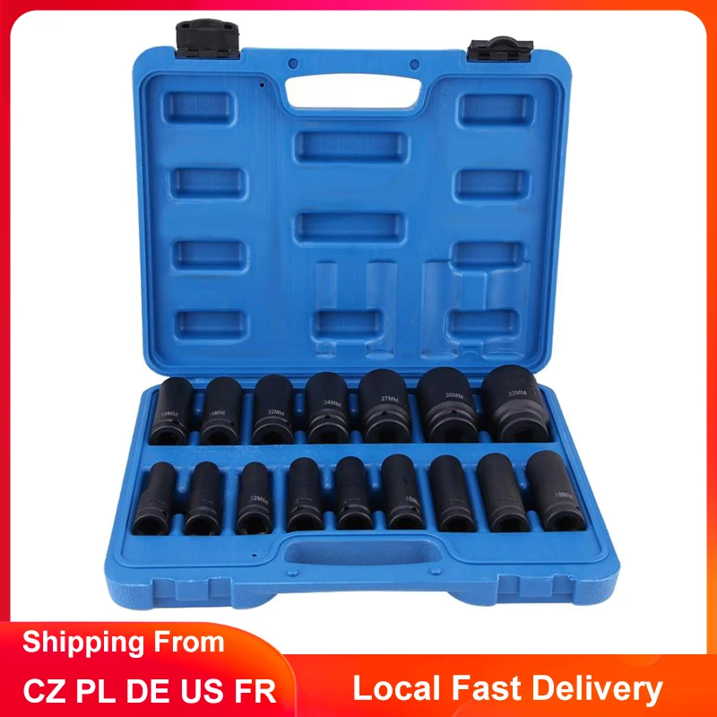 

16Pcs Deep Impact Socket Set 1/2" Inch Drive Air Hex Bit Socket Set Repair Tool Kits 10MM-32MM