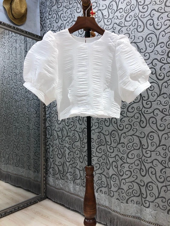 

2021 new women fashion round neck solid color decoration lantern short sleeve all-match crop top 429