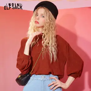 Женский Повседневный вязаный пуловер ELFSACK, черный Однотонный свитер с рукавами-фонариками в стиле минимализма, весна 2020