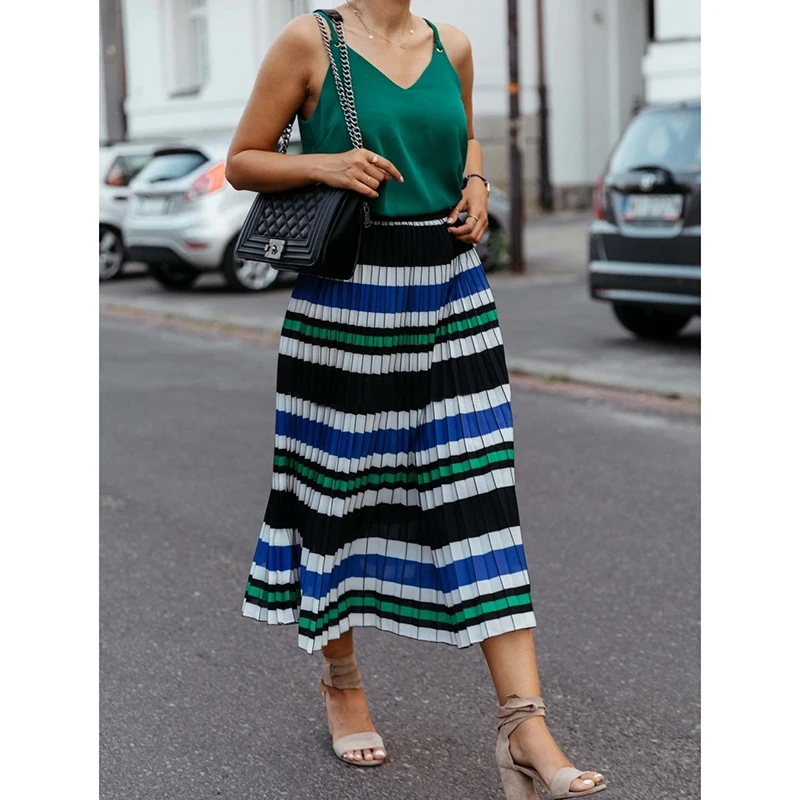 Женская длинная Плиссированная юбка в полоску шифоновая свободная Юбка миди