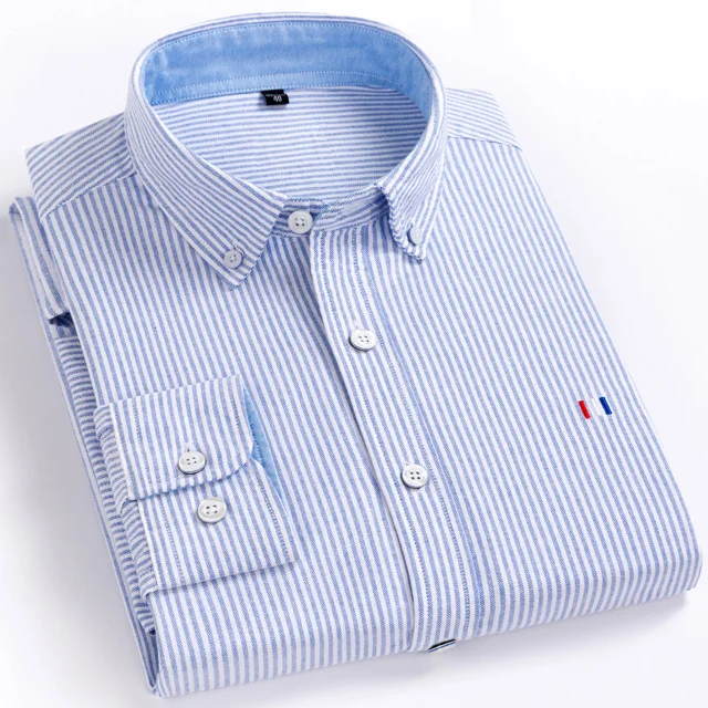 Blue Striped Мужские Оксфордские повседневные рубашки с длинными рукавами и пуговицами, мягкие футболки из натурального хлопка - Цвет: Blue Striped