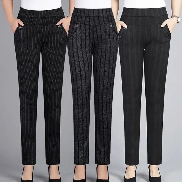 

2020 Spring Summer Women Stripe Pants Slim High Waist Stretch Tight Waist Pencil Pants Female Trousers Plus Size 5XL Roupas F138