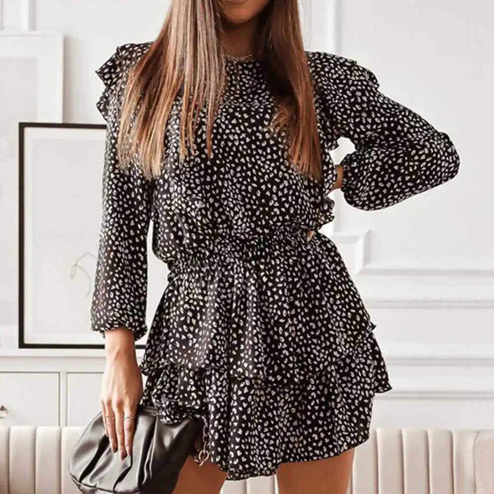 

2021 spring and summer new women's fashion love black printed lotus long sleeve short dress