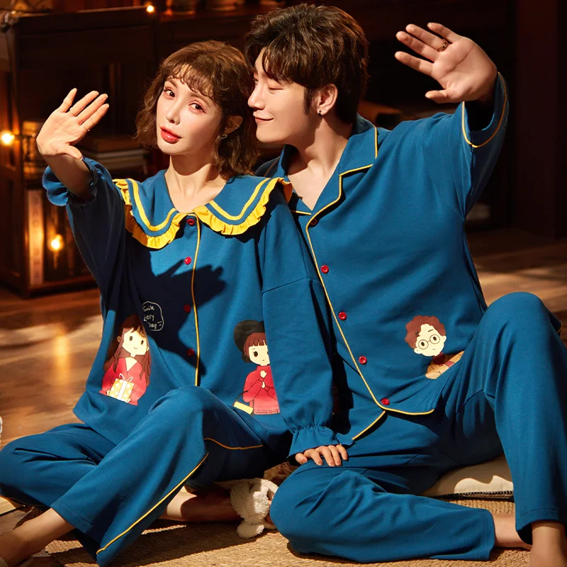 Pure Cotton New Autumn Winter Couple Pajamas Sets Cardigan Korean Style Sweet Cartoon Home Sleep Lover Pyjamas For Women Or Men | Мужская
