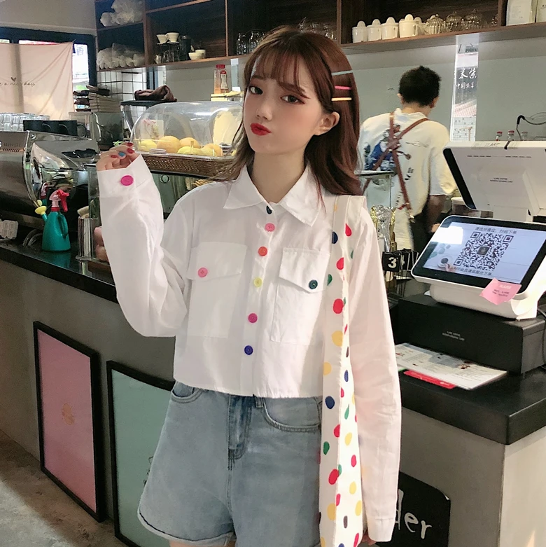 

sweet full button turn-down collar white Harajuku style shirts new Spring and autumn high quality Women's Clothing Trend shirts