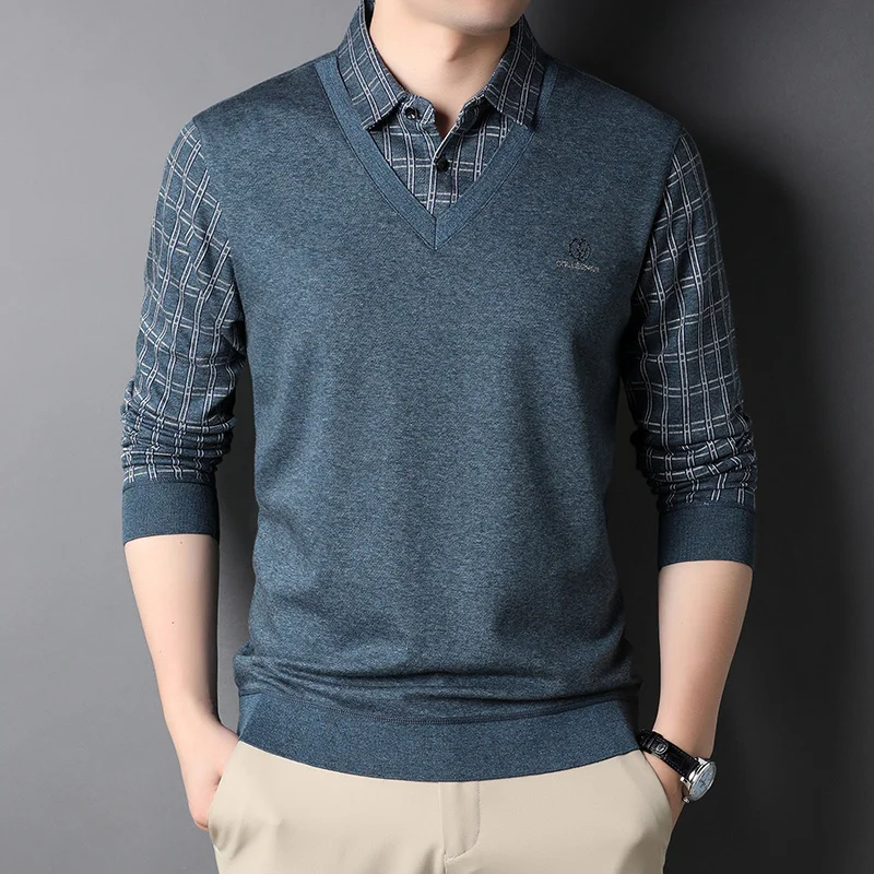 

2021 Fit Slim Top Grade New Fashion Brand Korean Knit Shirt For Men Fasion Long Sleeve Preppy Look Casual Mans Clothes Masculino