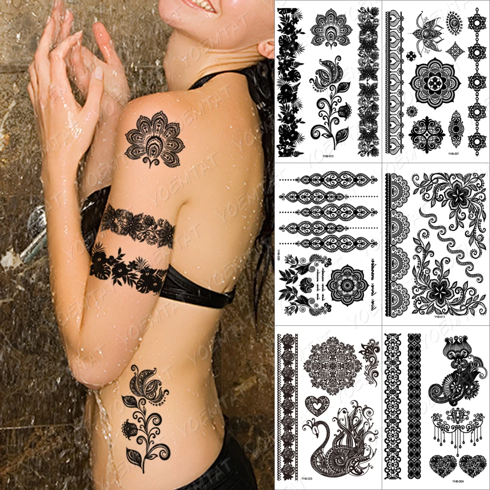 Черные чернила водостойкие временные тату-наклейки в виде кружева индийская хна