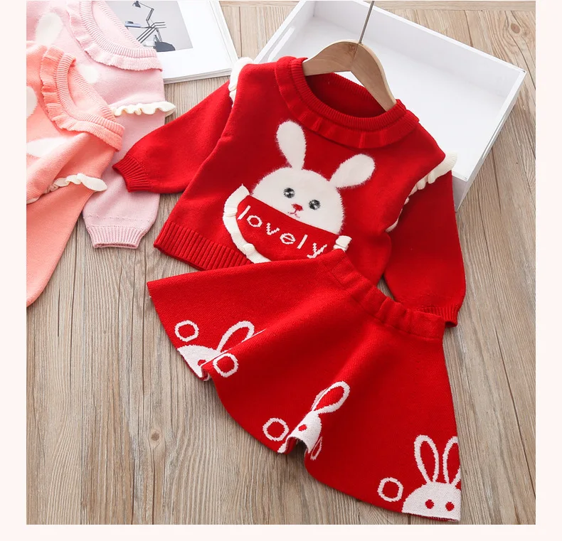 Baby girl clothes autumn and winter sweater dress two-piece cartoon cute rabbit warm knitted suit | Детская одежда и обувь