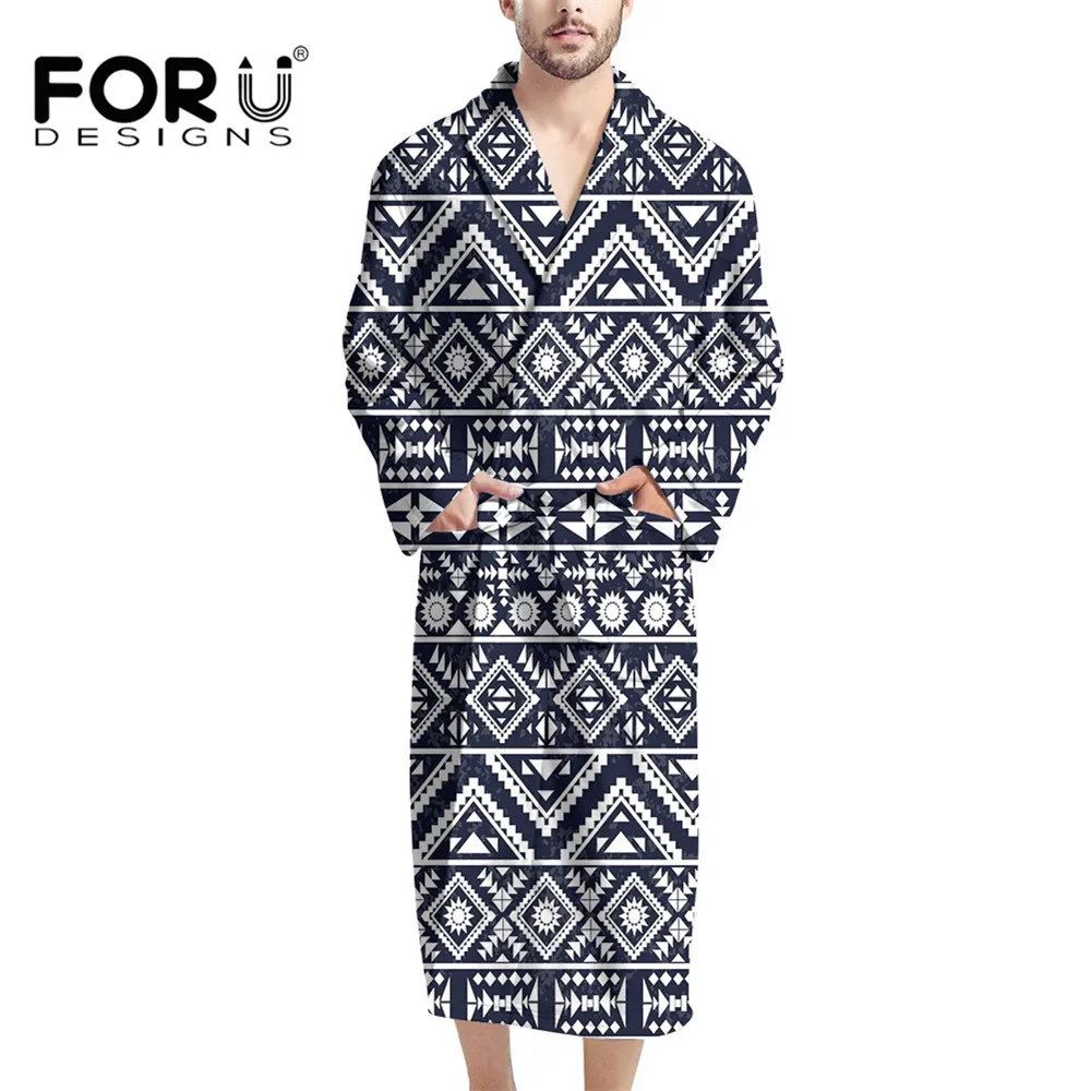 

FORUDESIGNS Men's Bathrobe Blue White Tribal Aztec Kimono Geometric Figure Loungewear Made With Flannel Towel Soft Gown Халаты