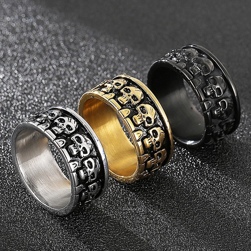 10mm Wide Vintage Gothic Style Men's Biker Ring High Quality Stainless Steel Skull Rings Party Accessories Jewelry