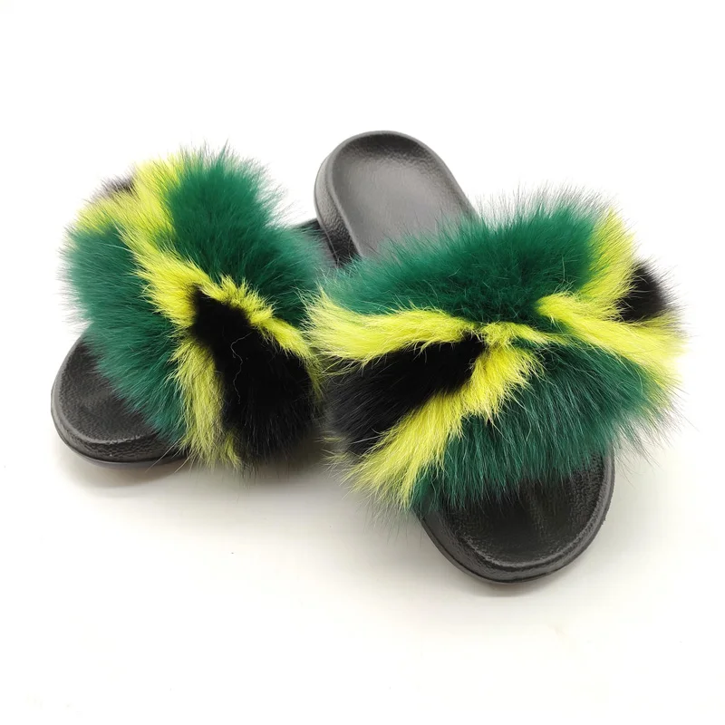 

New Women's Fox Fur Slides Summer Sexy Fashion Fluffy Plush Sandals Ladies EVA Soled Casual Real Furry Slippers