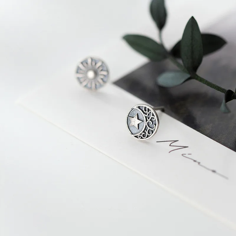 DAIWUJAN Vintage Asymmetric Thai Silver Sun Moon Stud Earrings For Women 925 Sterling Star Femme Jewelry Gifts | Украшения и