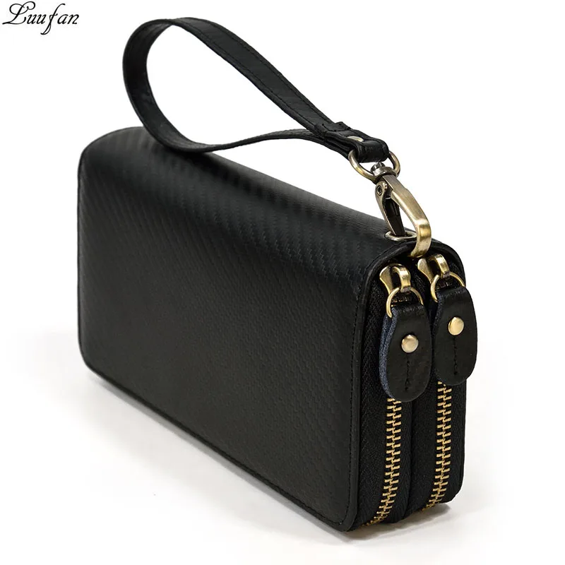 Мужской Длинный кошелек Luufan черный клатч из натуральной кожи на двойной молнии с