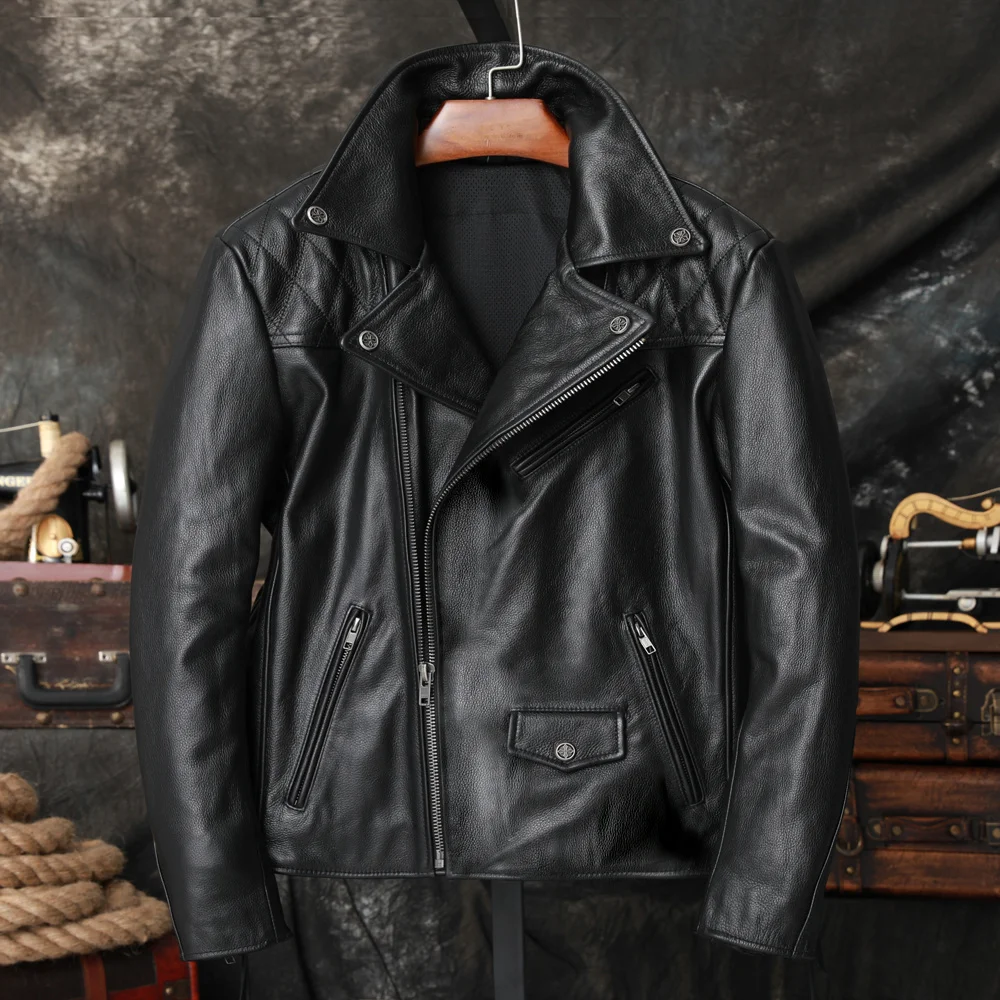 

NEW Men's Protective Gear Motorcycle Jacket Genuine Leather Clothes Natural Cowhide Oblique Zipper High Quality Coat Size S-5XL