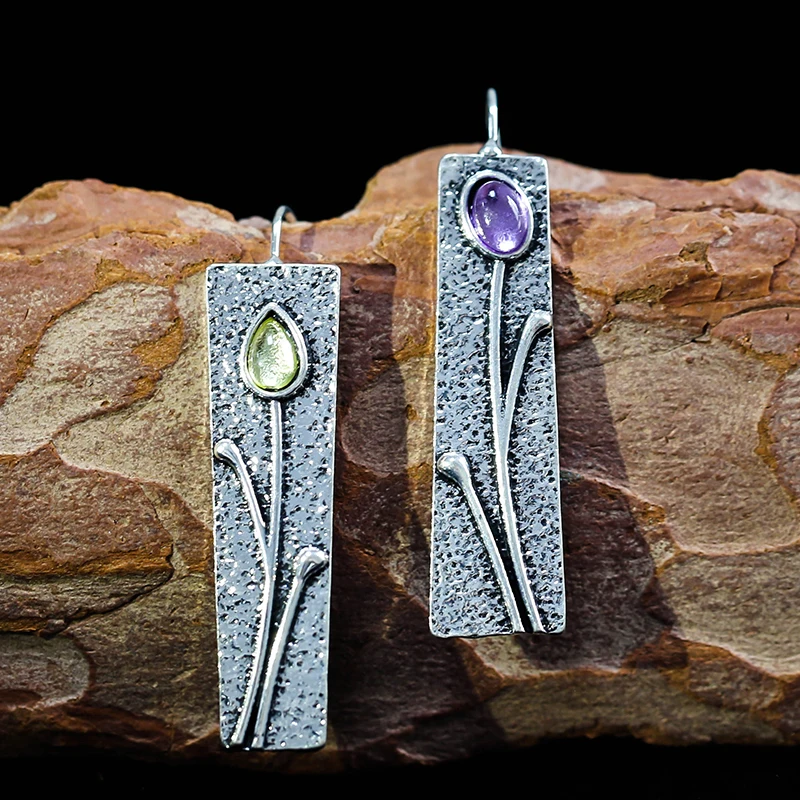 

Vintage Flower Geometric Drop Earrings Antique Silver Plated Purple Yellow Stone Dangle for Women Party Jewelry H4D371