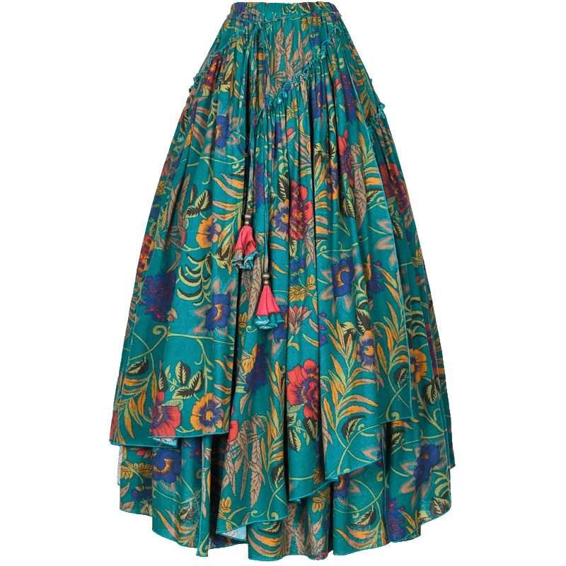 Женские юбки из хлопка и льна с принтом в национальном стиле эластичным поясом