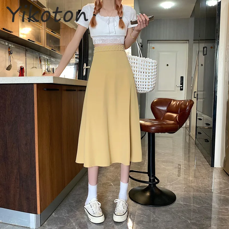 

2021 Summer Skirts Women Simple Solid White Leisure Loose Long Skirt Casual Korean Style Sweet Girl A-line Streetwear Trendy
