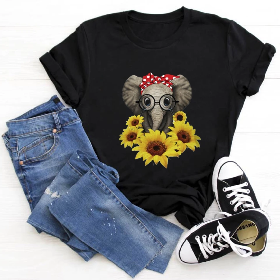 

Новинка 2020, рубашка с принтом слона подсолнуха, женская футболка, футболка с коротким рукавом и круглым вырезом, топы для женщин, милая мульт...