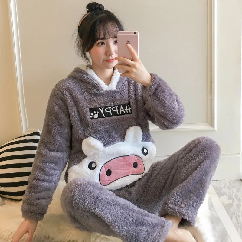 Зимние женские пижамные комплекты Flanne белая Толстая теплая ночная рубашка милая