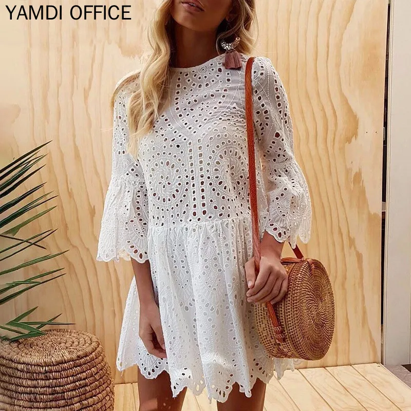 YAMDI однотонное белое платье женское летнее Осеннее с расклешенными рукавами