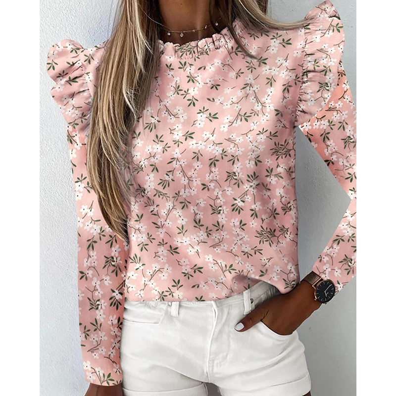 

Women Elegant Printed Pineapple Ruffles Long Sleeve Tops And Blouses Office Ladies Work Wear 2021 Spring Autumn Clothing