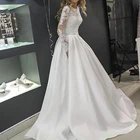 Роскошные свадебные платья-трапеции с круглым вырезом и длинными рукавами, сатиновые кружевные платья с аппликацией, 2020 скромные свадебные платья по индивидуальному заказу, Robe De Mariee