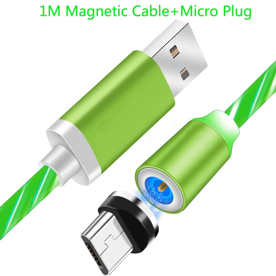 Магнитный кабель, светящийся, Тип C, Micro usb кабель для зарядки iPhone 7 8 huawei P20 P30 mate 20 Honor 7A 7C 7S 8X 8A кабель - Цвет: Micro Green