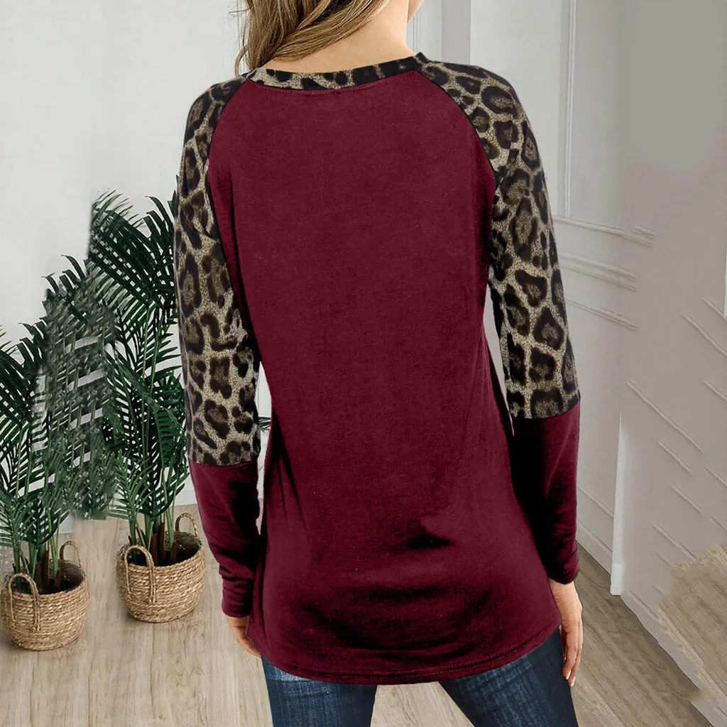 Женская футболка с леопардовым принтом Повседневная Осенняя длинным рукавом