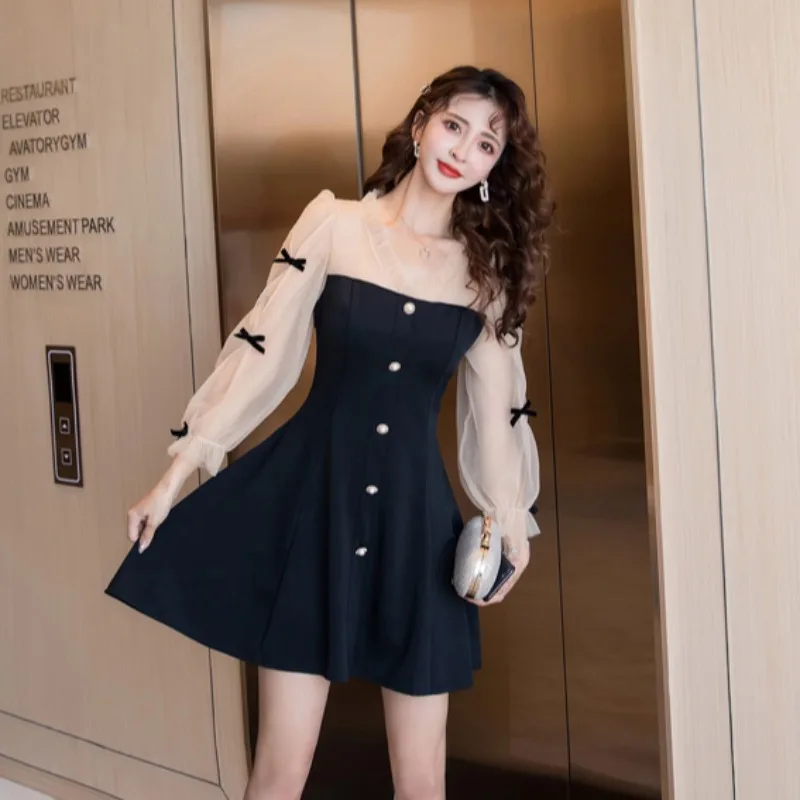 

#5245 Spring Autumn A-line Dress False Two Piece Short Party Dress Spliced Mesh Long Sleeved Sexy Single Breasted Black Korean