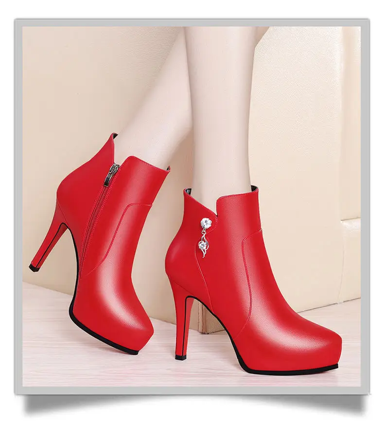 

Женские модные милые удобные осенние ботинки из искусственной кожи с боковой молнией, женские повседневные красные ботинки на высоком кабл...