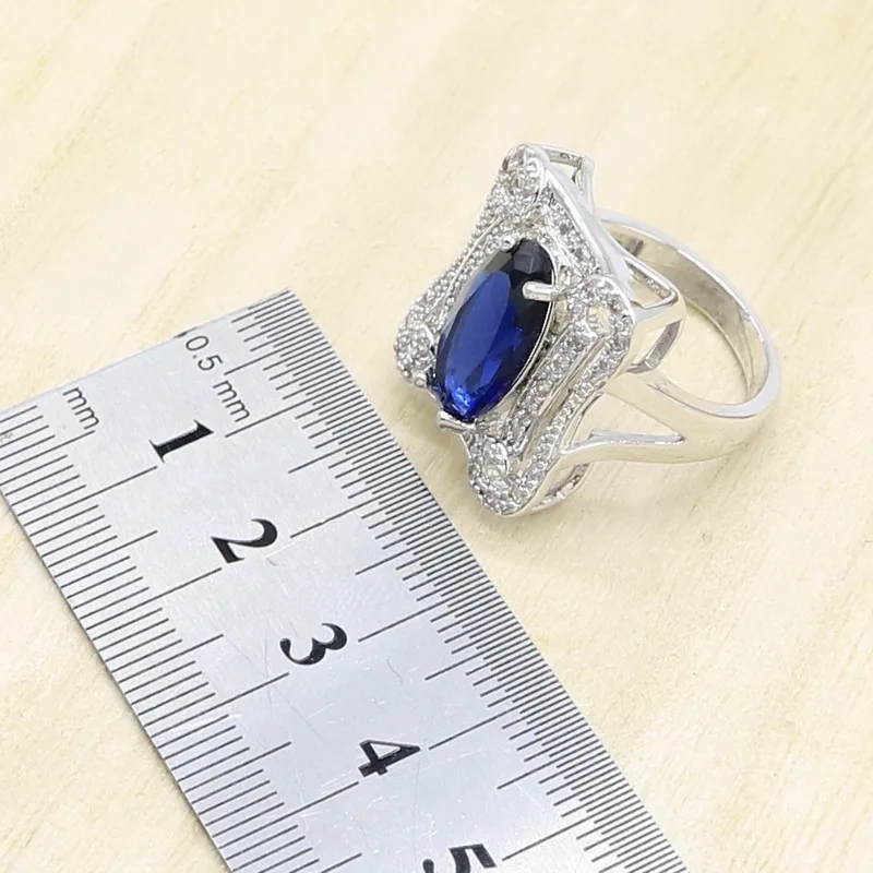 Геометрический синий сапфир 925 серебро набор украшений для женщин пробы с