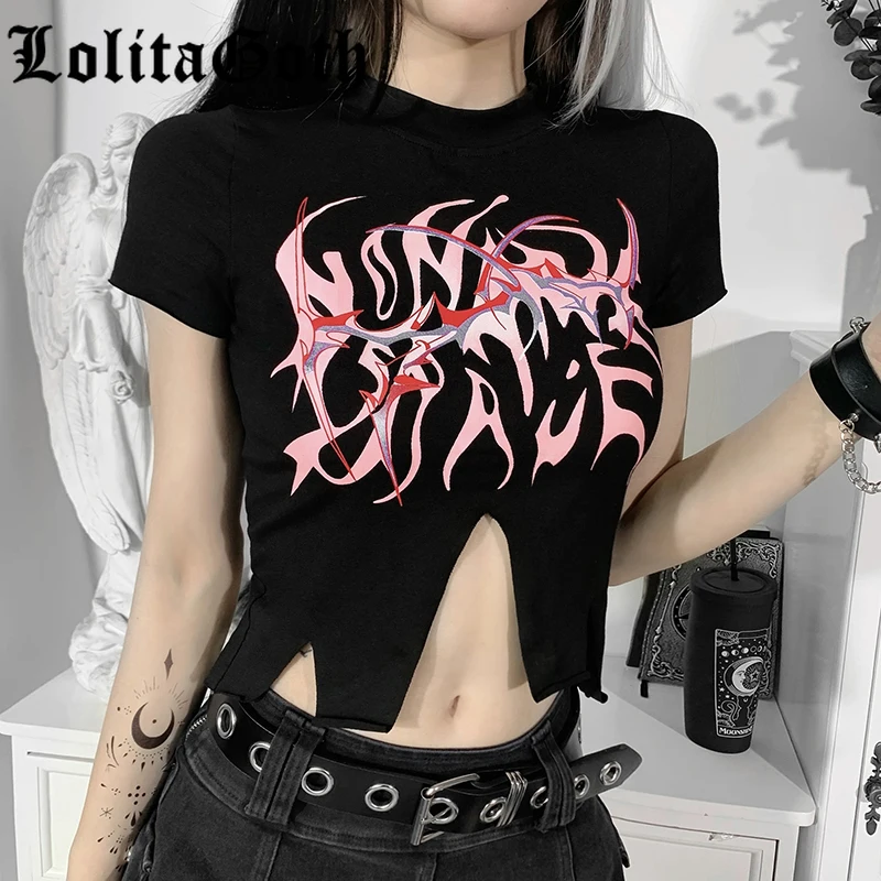 

Lolita Goth Harajuku O Neck Sexy Hollow Out Y2K T Shirt Grunge Print T-shirts Punk Streetwear Short Sleeve Women Crop Tops