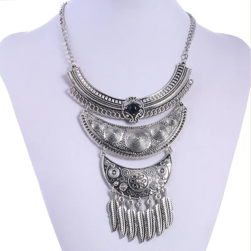 Lovbeafas модные браслеты Collier Femme ювелирные изделия винтажное Макси массивное ожерелье s листья кисточкой бусины из синего камня богемное ожерелье для женщин - Окраска металла: Black