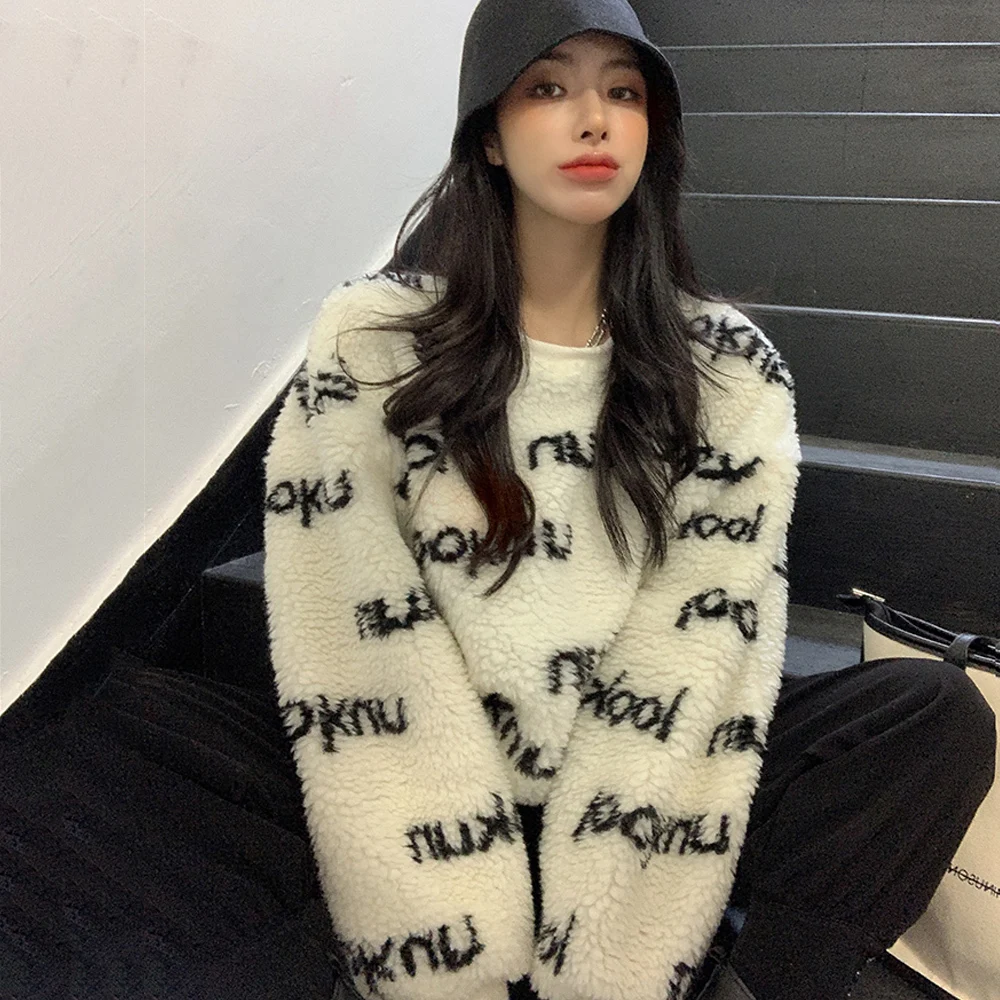 

Women Harajuku Hoodies Sweatshirts Faux Lamb Letter Hoodie Korean Loose Casual Pullover Winter Warm Streetwear Top