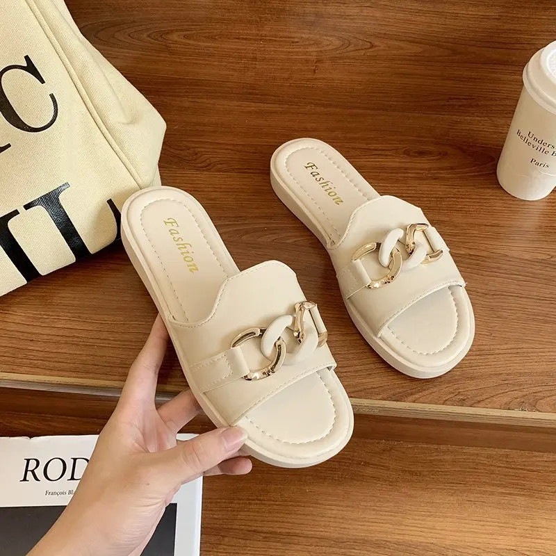 

2021 New Summer Women Sandals Fashion Chain Peep Toe Ladies Multi Colors Wedge Shoes Beach Slippers Sandalias Para Mujer Femmes