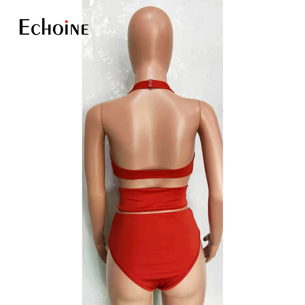 

Echoine Womens Solid Sexy Bikinis Set Lace Up Halter Crop Tops High Waist Panties Matching Two Piece Set Outfits Beach Swimsuit